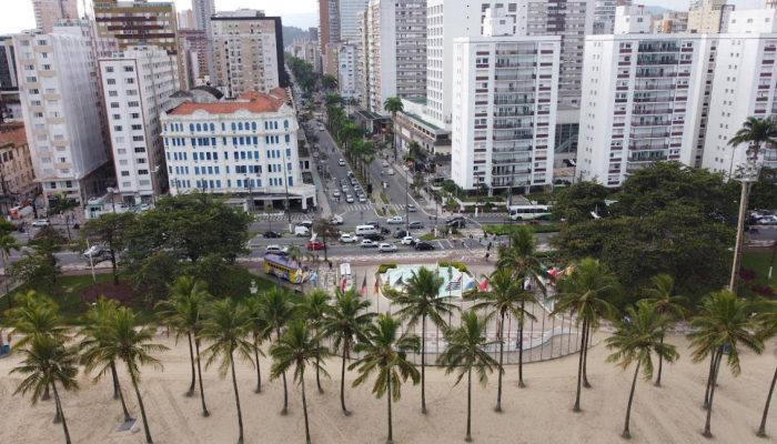 Avenida ladeada por prÃ©dios altos e palmeiras, com praia e coqueiros em primeiro plano, trÃ¡...